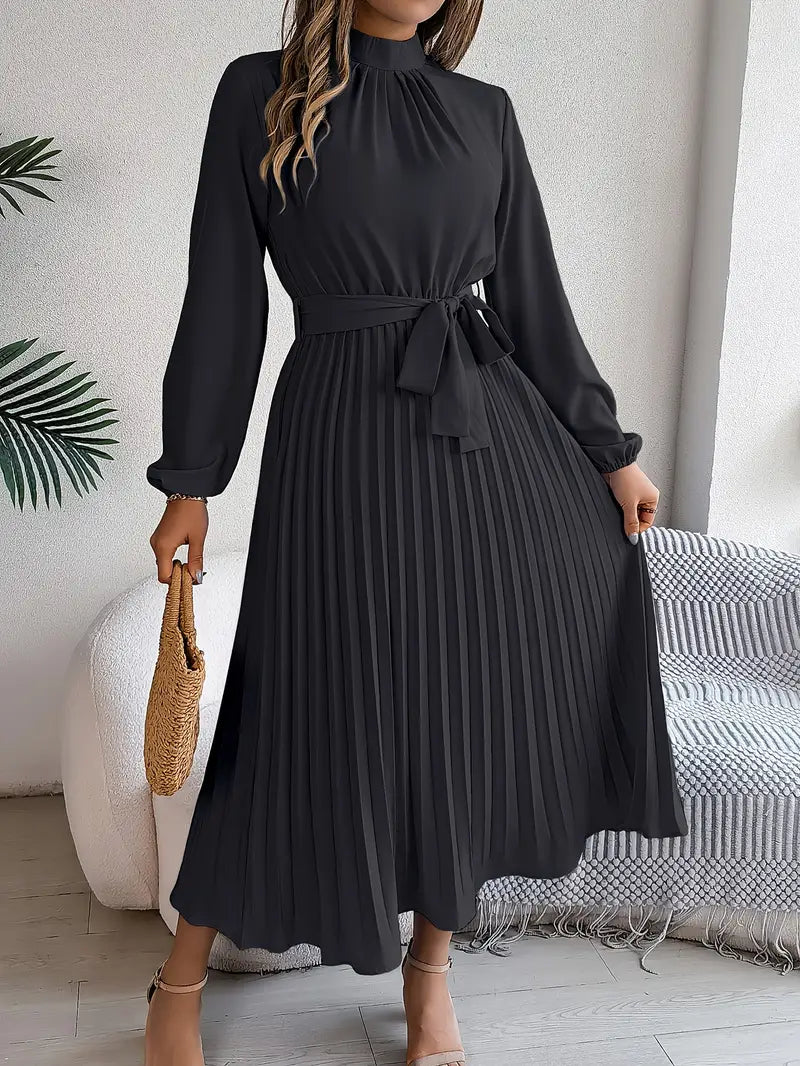 Amelia | Women's Long Sleeve Pleated Midi Dress with Belted Waist