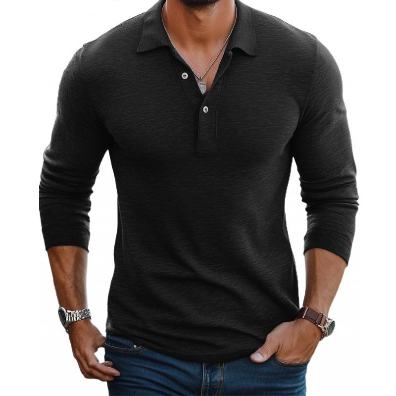 Men's slim-fit long-sleeve black polo shirt with a collared neckline and button placket.