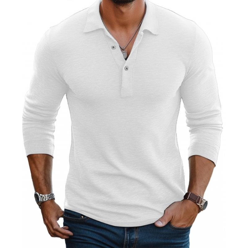 Men's white slim-fit long-sleeve polo shirt with a collared neckline and button placket.