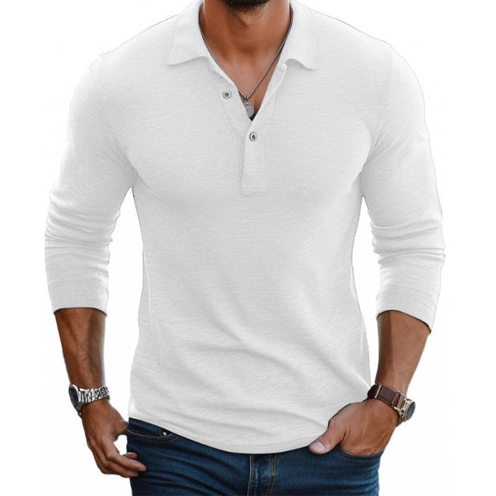 Men's white slim-fit long-sleeve polo shirt with a collared neckline and button placket.