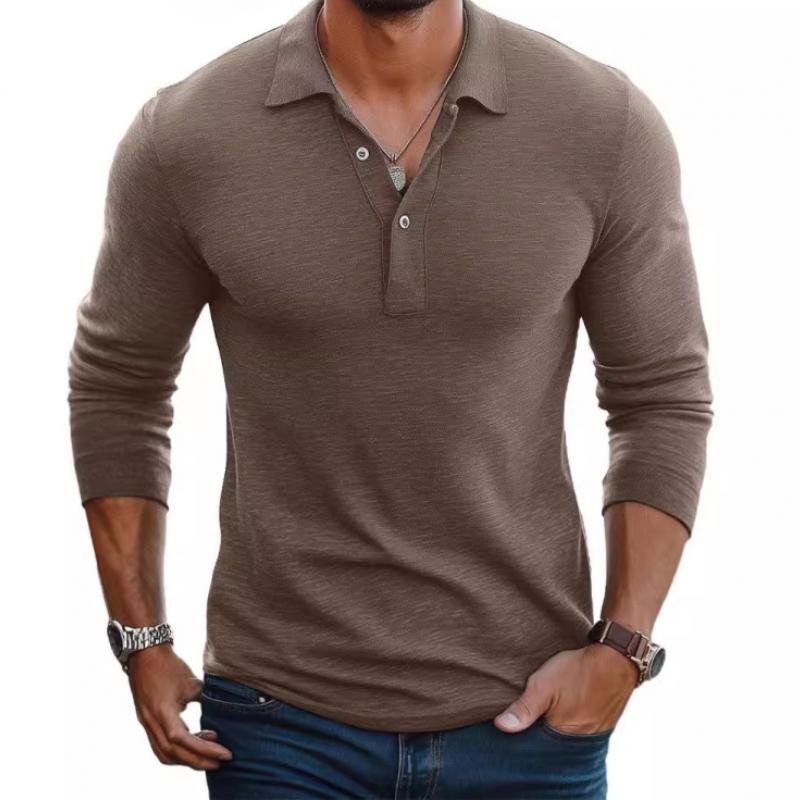 Men's slim-fit long-sleeve brown polo shirt with collared neckline and button placket.