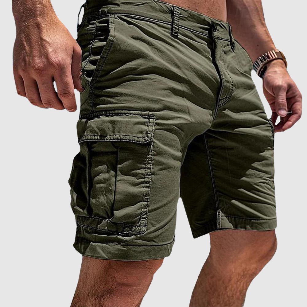 Men's George knee-length olive green cargo shorts with practical side flap pockets and belt loops.