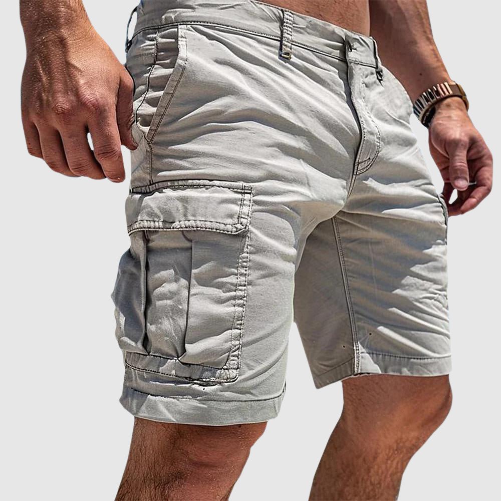 Men's knee-length George Bennett cargo shorts in light gray, featuring practical side flap pockets and belt loops.