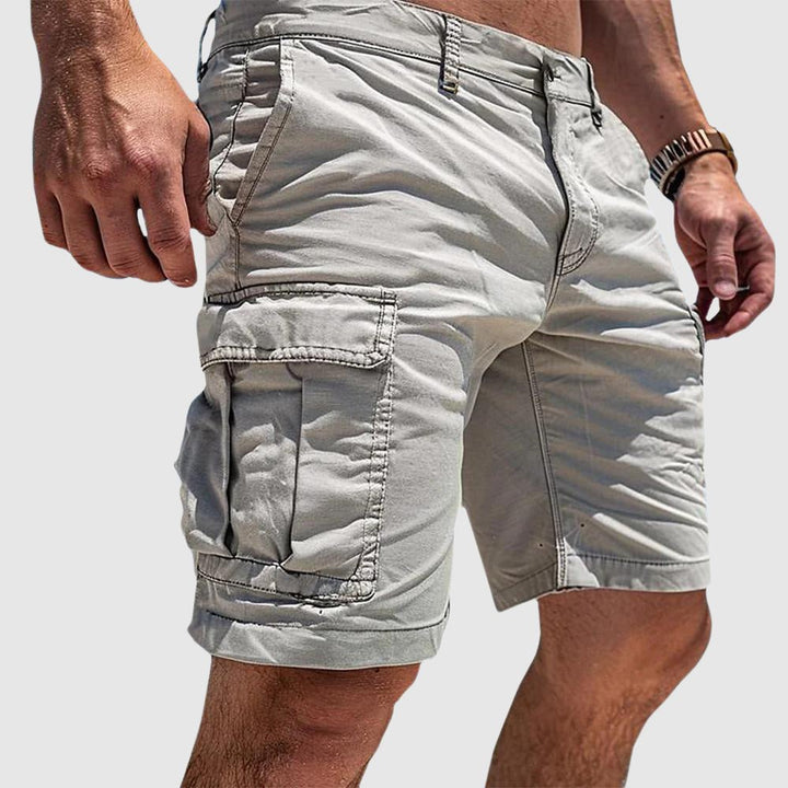 Men's knee-length George Bennett cargo shorts in light gray, featuring practical side flap pockets and belt loops.