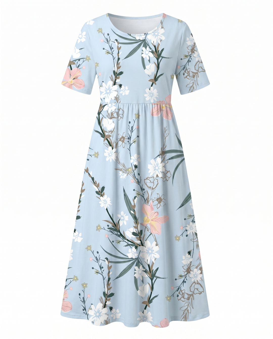 Light blue floral printed midi dress with short sleeves and a gathered waist.