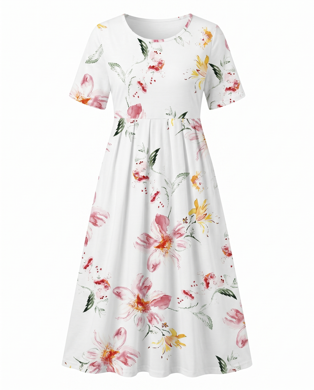White women's short sleeve midi dress with pink and yellow floral print, round neckline, and gathered waist.