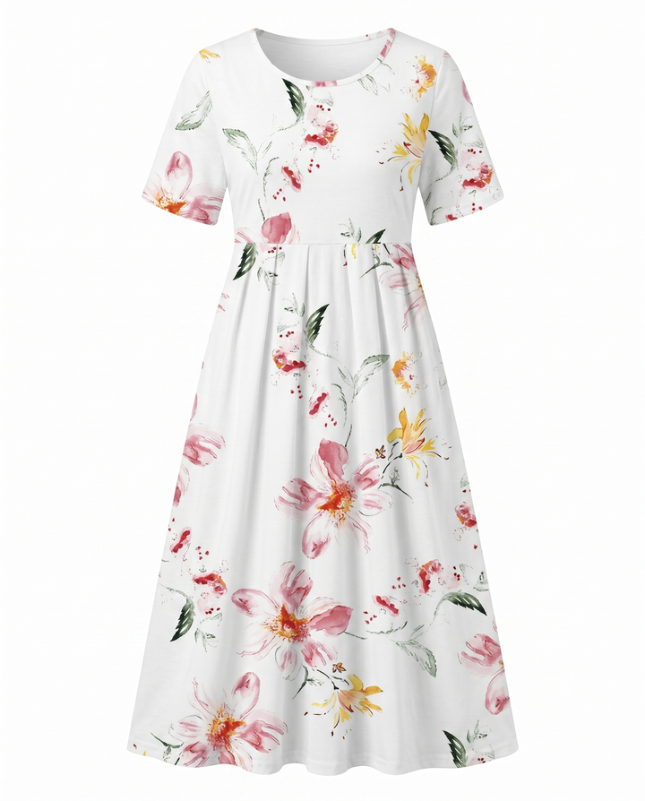 White women's short sleeve midi dress with pink and yellow floral print, round neckline, and gathered waist.