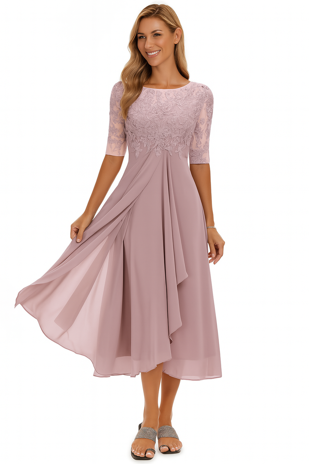 Women's dusty rose lace A-line midi dress with sheer half sleeves and flowing skirt.