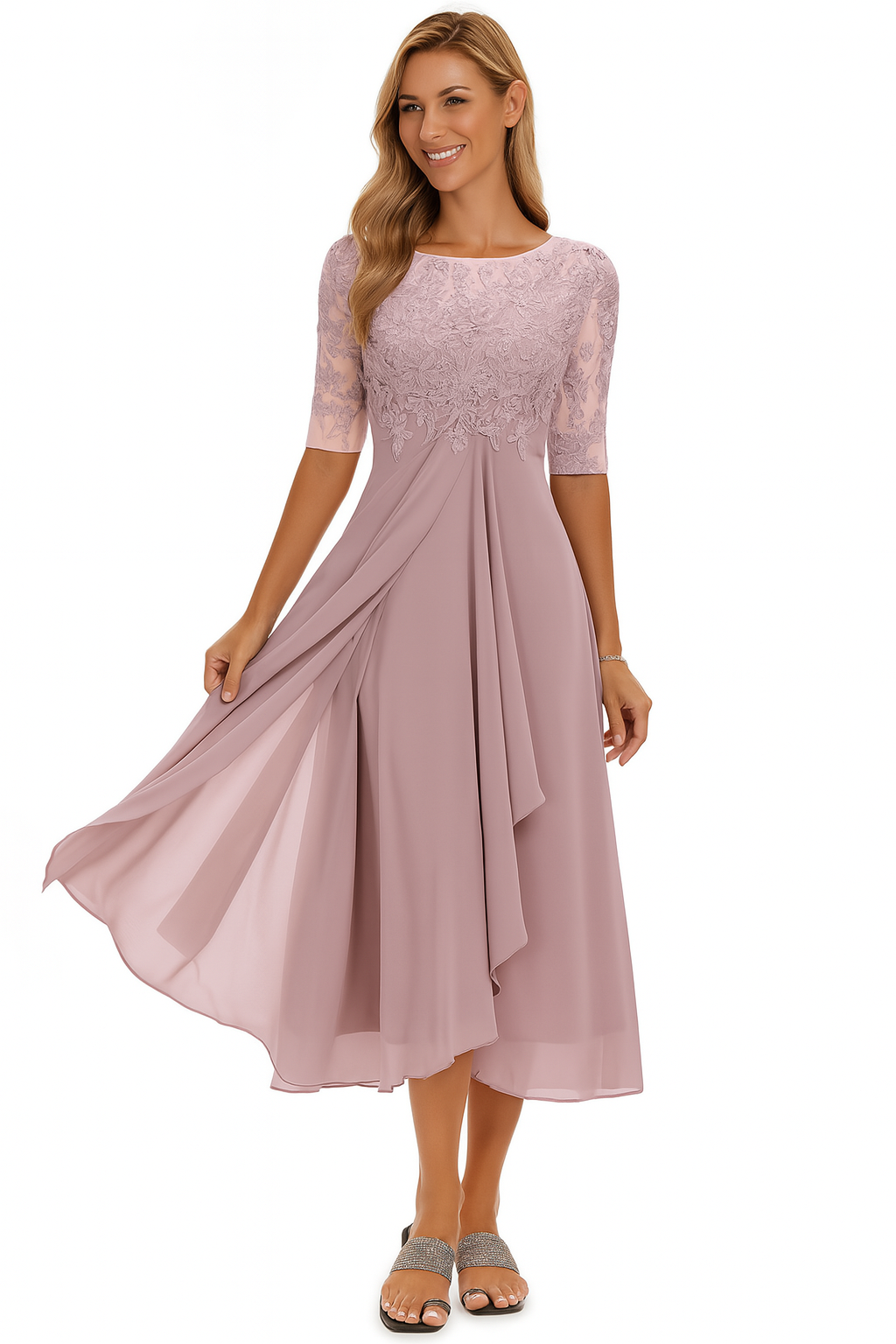 Women's dusty rose lace A-line midi dress with sheer half sleeves and flowing skirt.