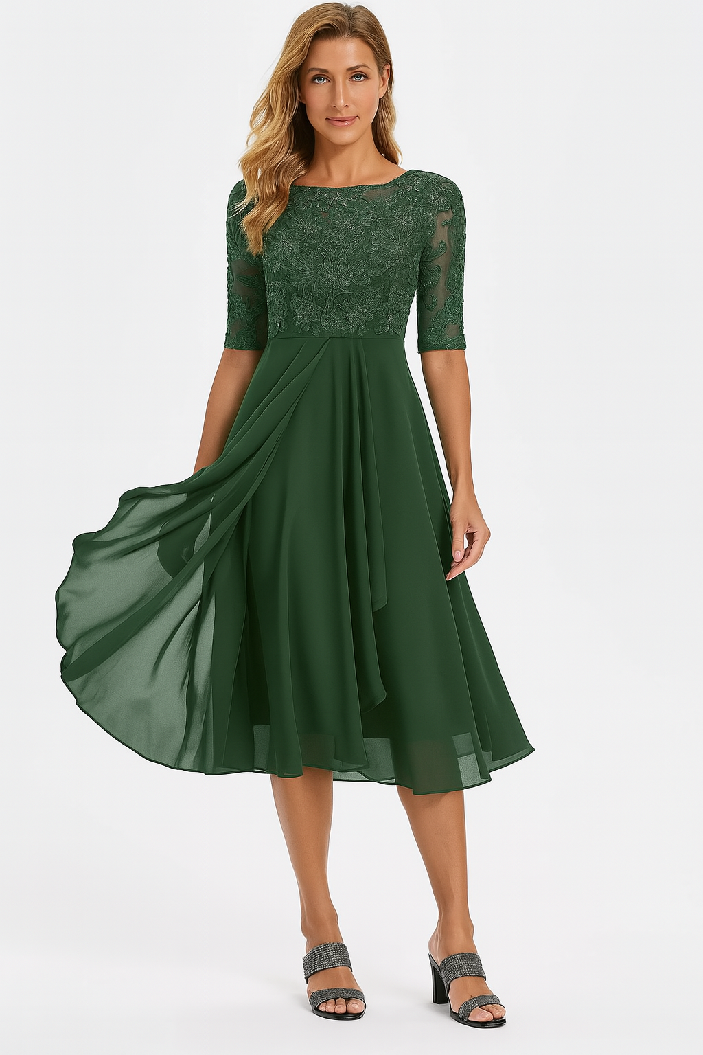 Greta women's dark green lace A-line midi dress with sheer half sleeves and flowing skirt.