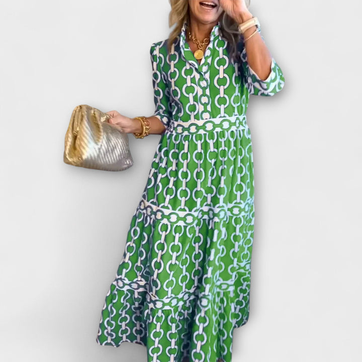 Green chain print collared midi dress for women, featuring a stylish pattern and comfortable fit.