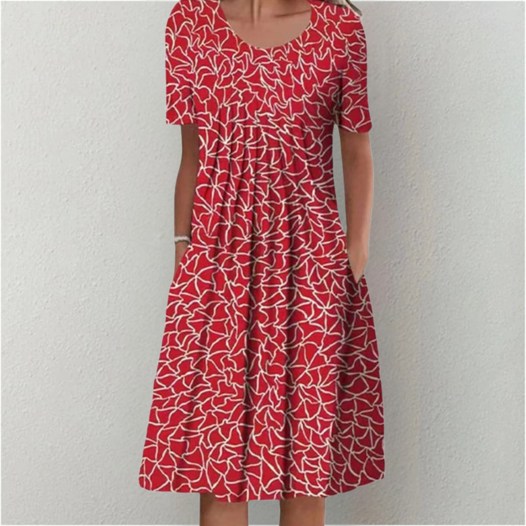 Red floral midi dress with pockets and short sleeves for women.