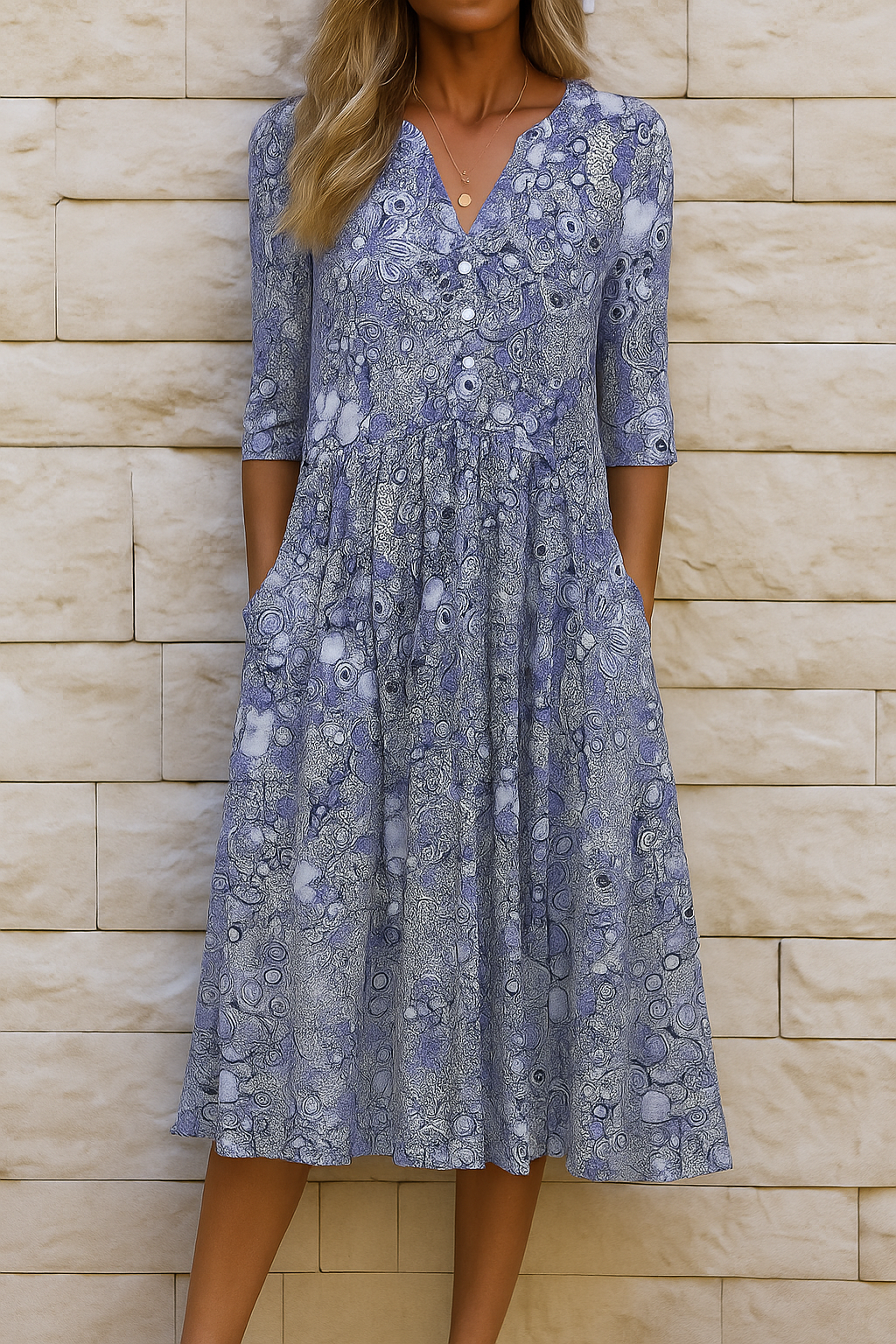 Blue women's printed midi dress with V-neck, 3/4 sleeves, and flowing skirt.