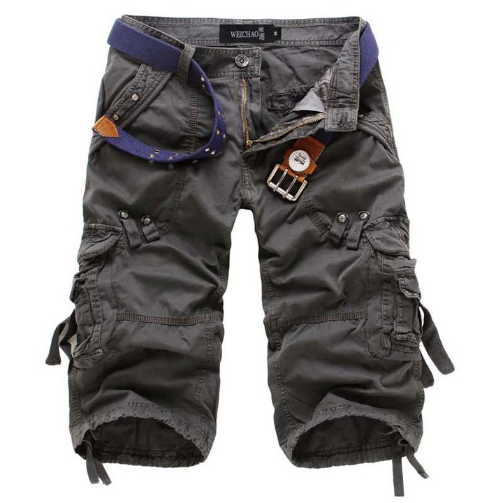 Men's Heinrich knee-length charcoal gray cargo shorts with multiple utility pockets and a blue built-in belt.