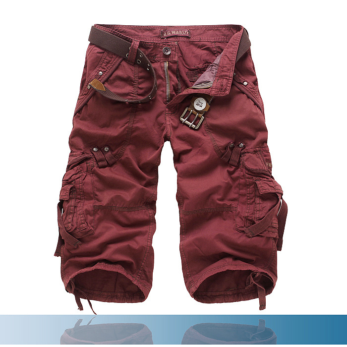 Men's Heinrich knee-length maroon cargo shorts with multiple utility pockets and a built-in belt.