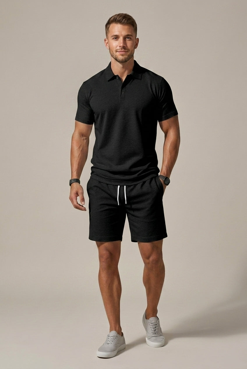 Men's Hugo black short sleeve polo shirt and matching drawstring shorts set.