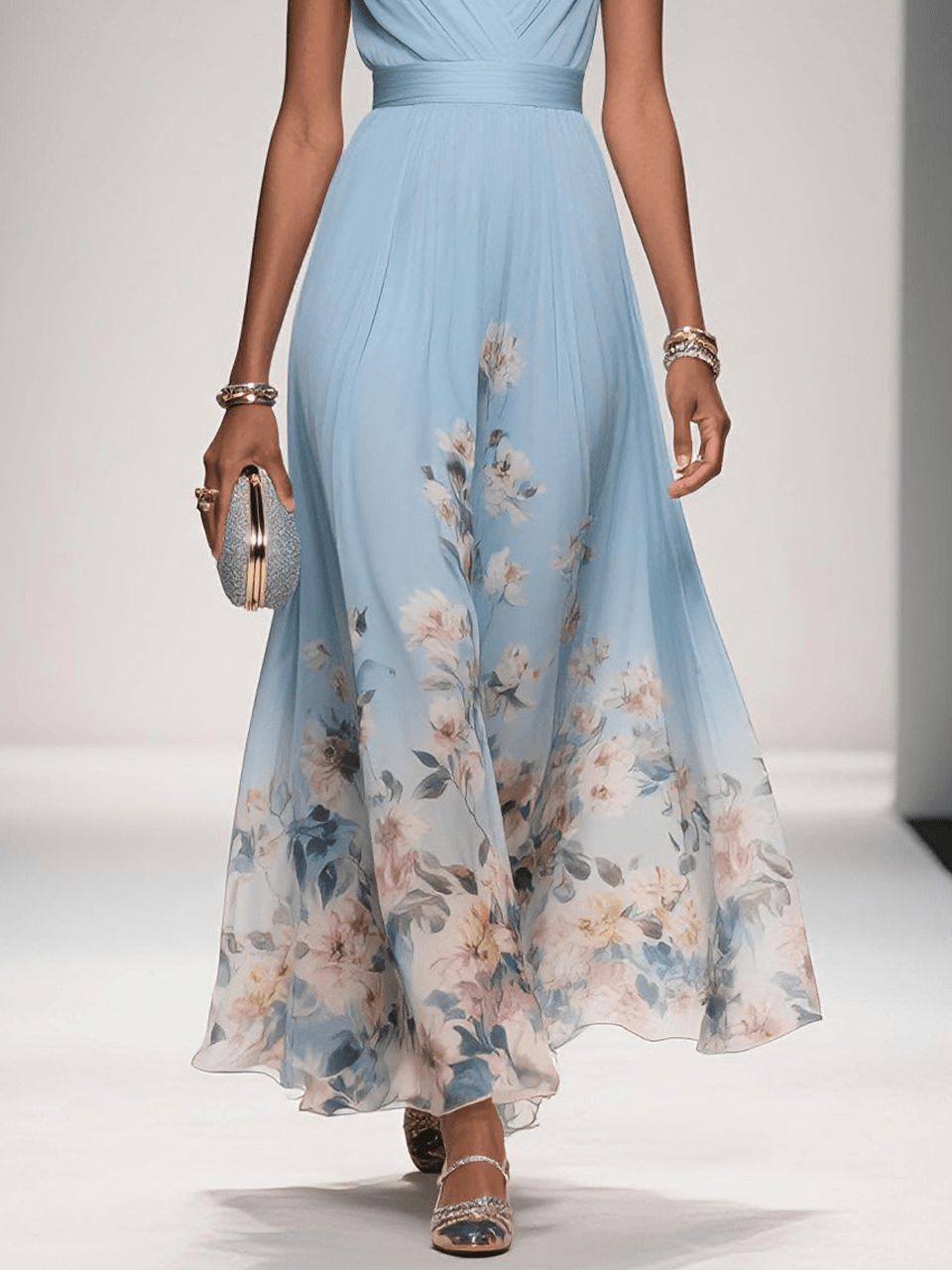 Women's floral V-neck maxi dress in a vibrant print, perfect for wedding guests.