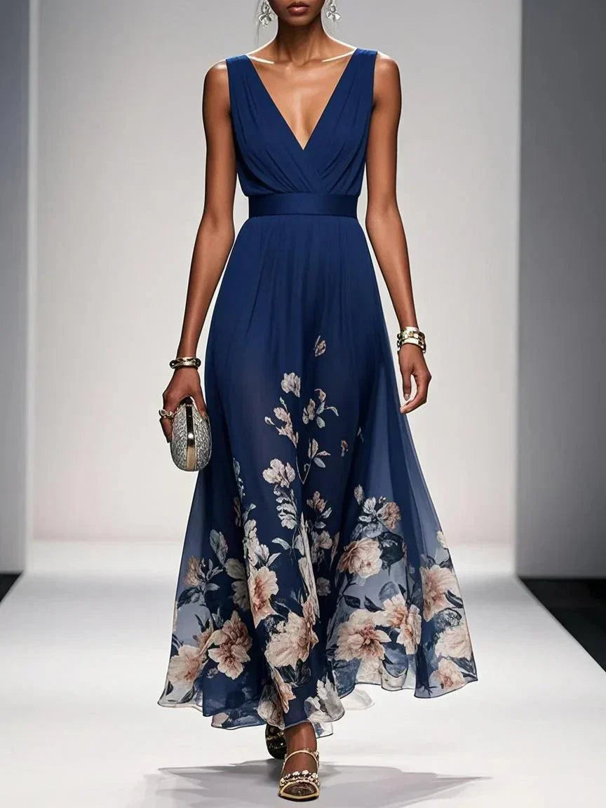 Navy blue floral V-neck maxi dress for women, perfect for wedding guests.
