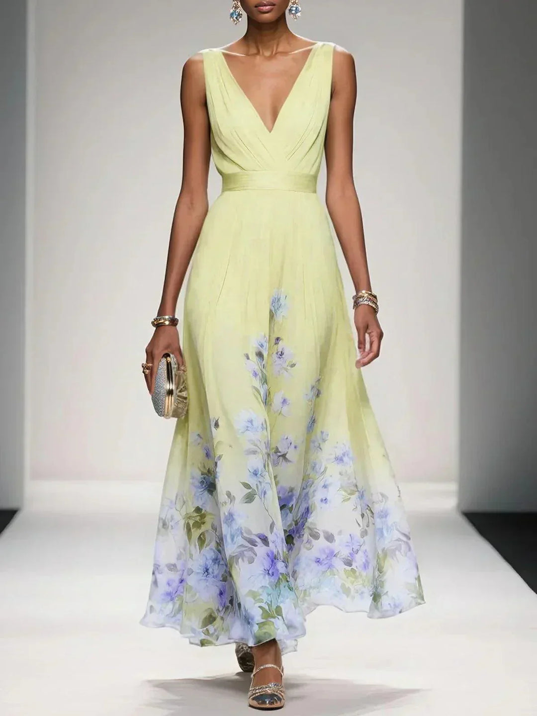 Yellow floral V-neck maxi dress for women, perfect for wedding guests.