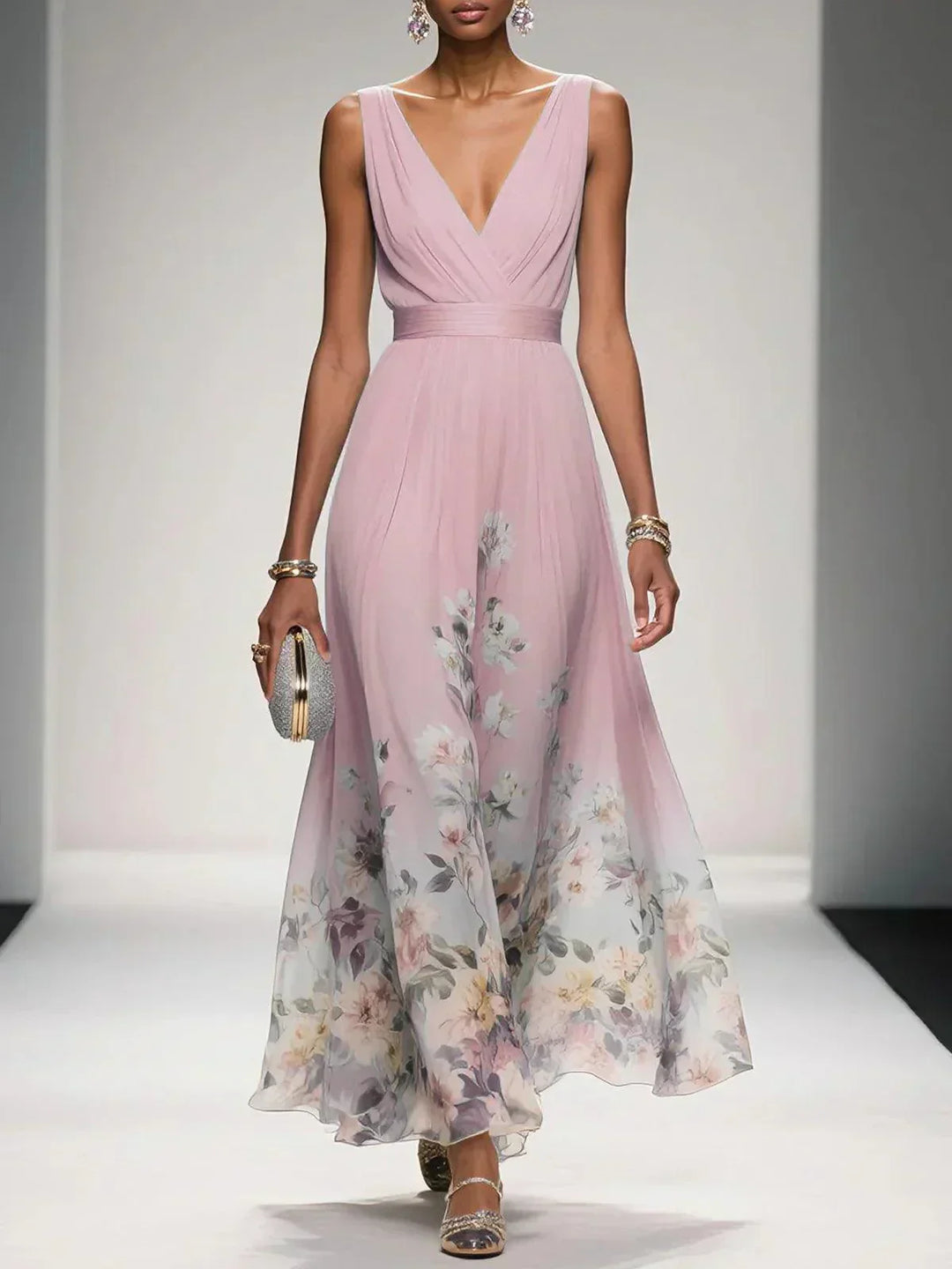 Pink floral V-neck maxi dress for women, perfect for wedding guests.