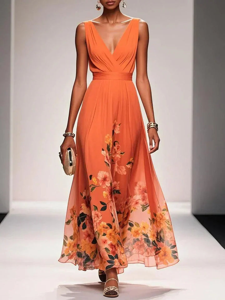 Orange floral V-neck maxi dress for women, perfect for wedding guests.