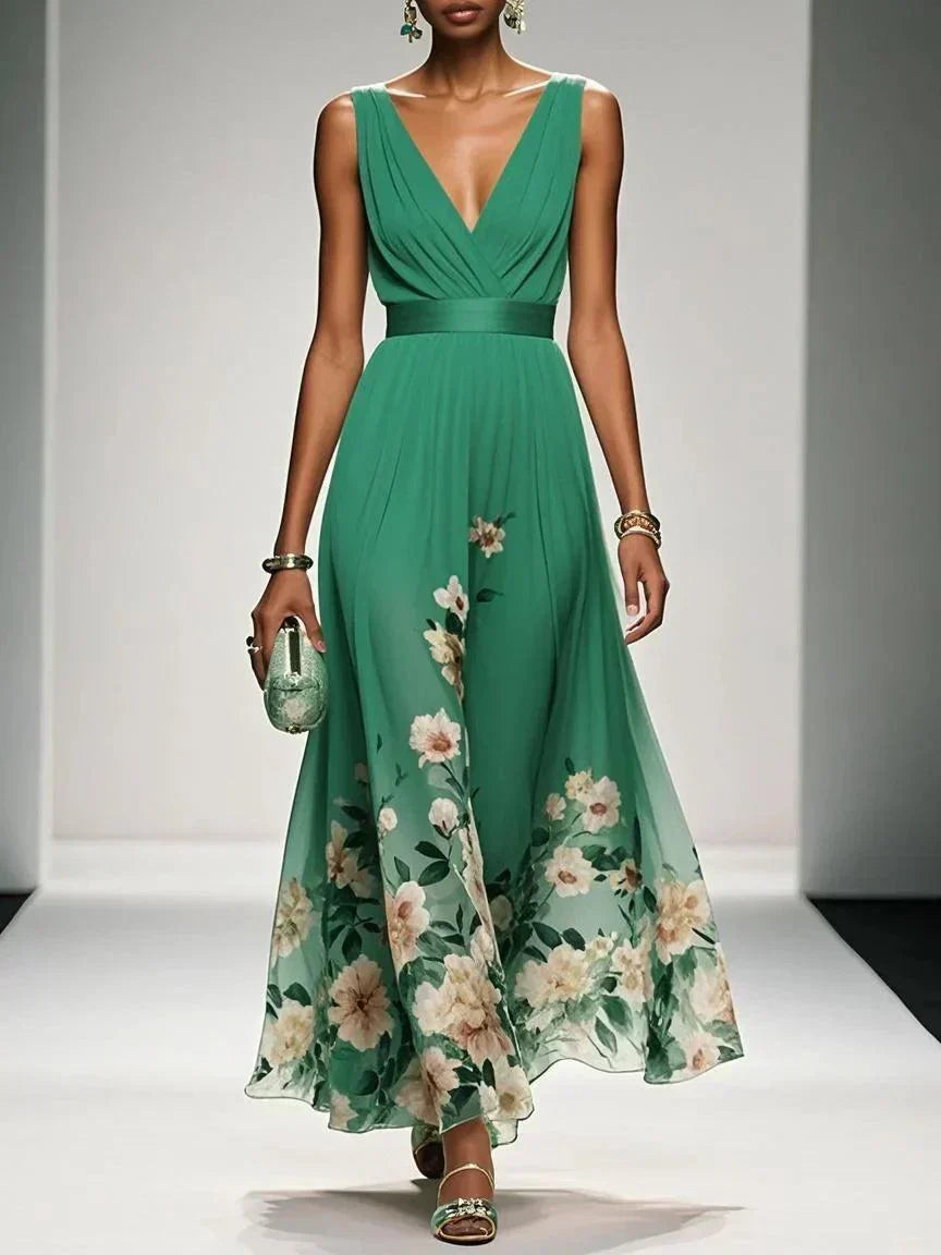 Green floral V-neck maxi dress for women, perfect for wedding guests.