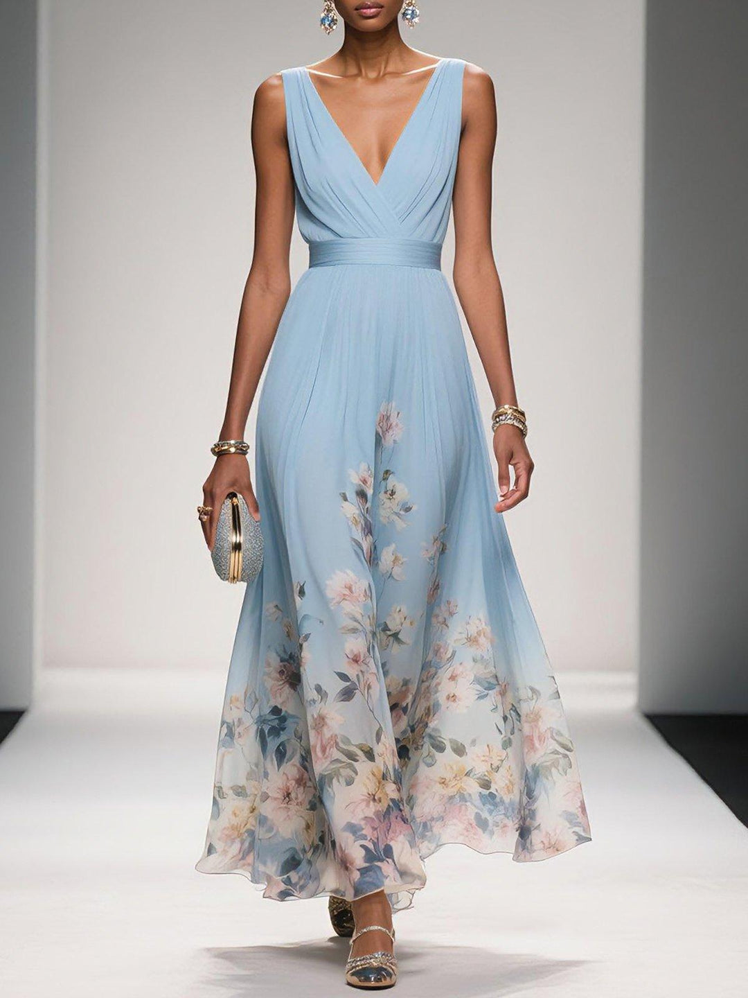 Light blue floral V-neck maxi dress for women, perfect for wedding guests.