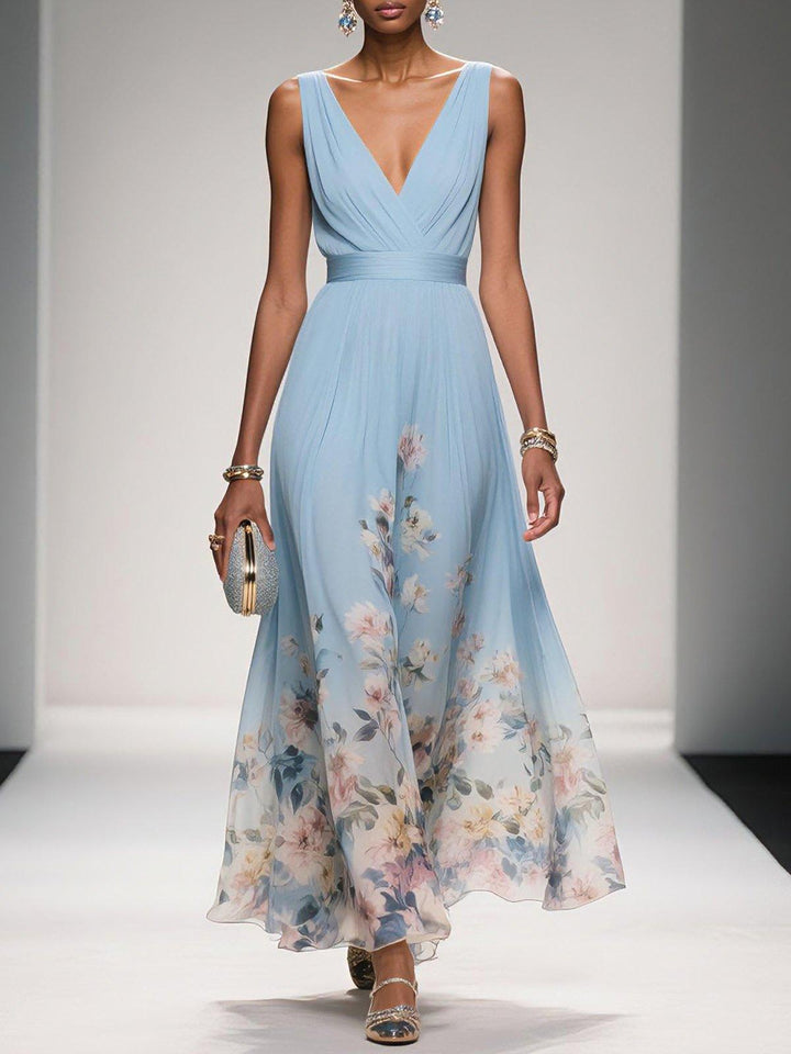 Light blue floral V-neck maxi dress for women, perfect for wedding guests.
