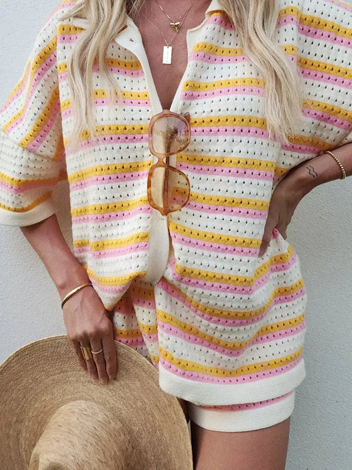 Women's Imelda striped knit shorts set with pink, yellow, and white stripes, button-front top, and matching shorts.