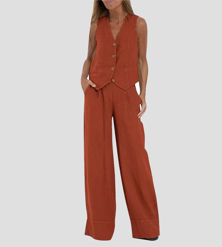Women's Jhoana rust linen vest and wide-leg pants set with V-neck and button closure.