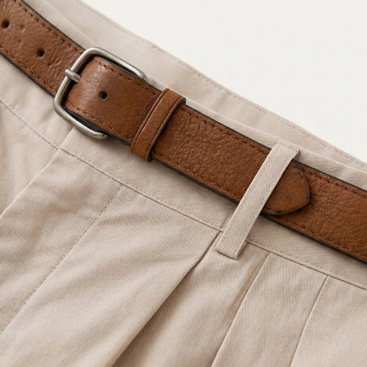 Julian men's pleated chino shorts in light beige with a brown leather belt and silver buckle.