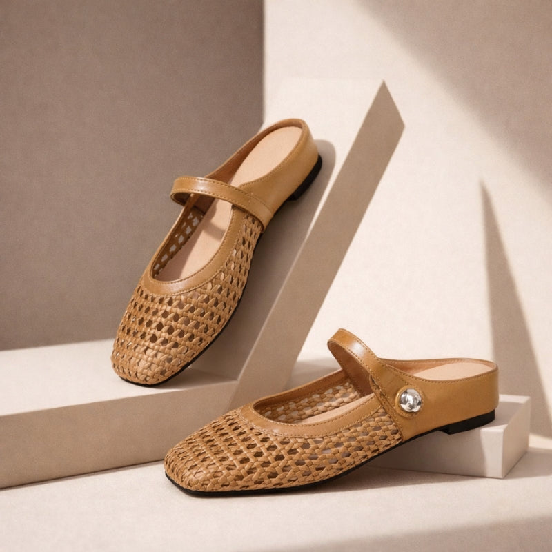 Camel woven mule flats with Mary Jane strap, orthopedic design.