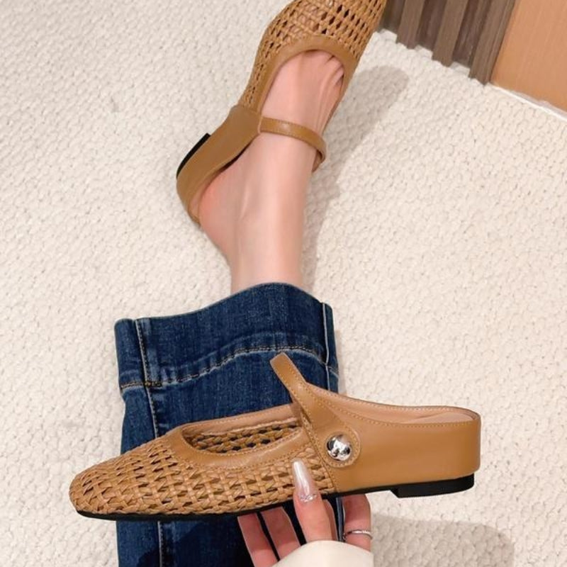 Beige woven orthopedic mule flats with a Mary Jane strap.