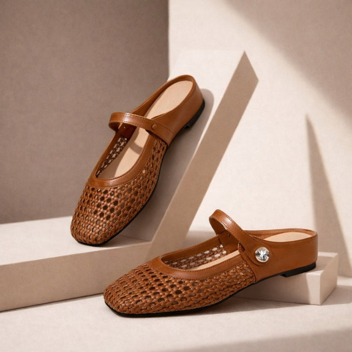 Brown woven orthopedic mule flats with Mary Jane strap.