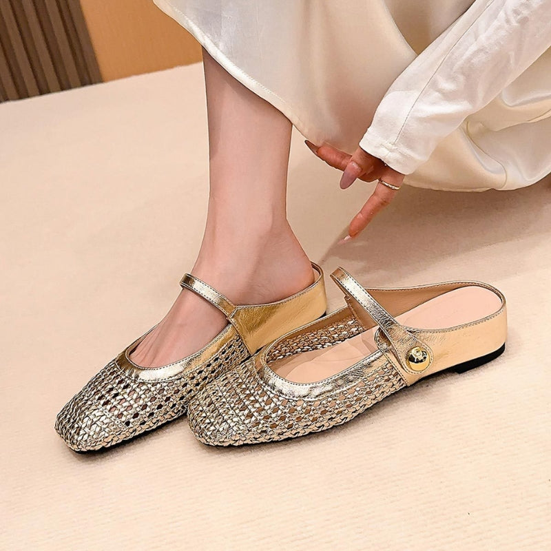 Women's Katerina black orthopedic woven mule flats with Mary Jane strap.