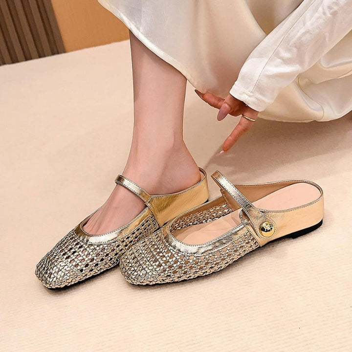 Women's Katerina black orthopedic woven mule flats with Mary Jane strap.