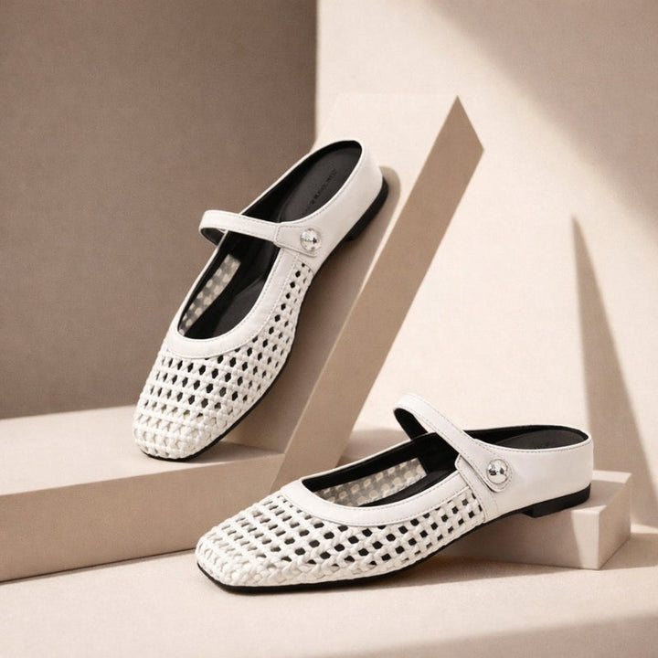 White Katerina women's orthopedic woven mule flats with Mary Jane strap.