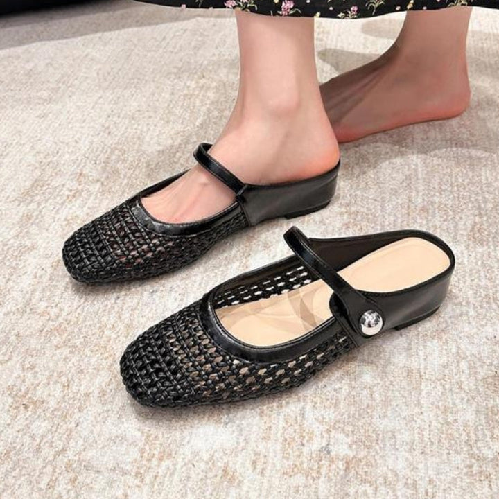 Beige woven orthopedic mule flats with a Mary Jane strap.