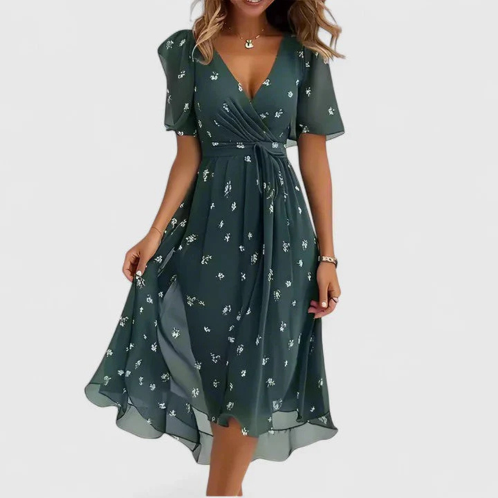Women's Leandra floral V-neck midi dress in dark green with white flowers, short sleeves, and a tie waist.