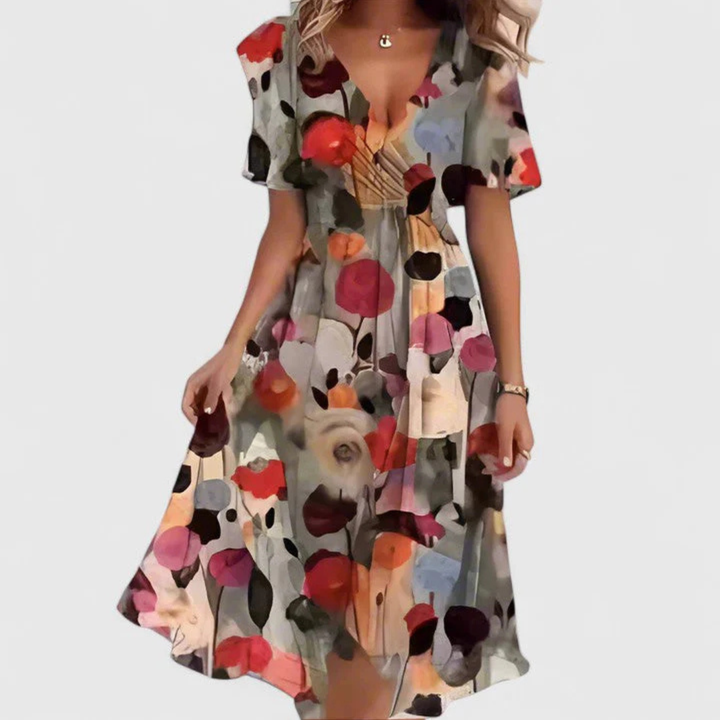 Women's Leandra floral V-neck midi dress with short sleeves and flowing skirt.