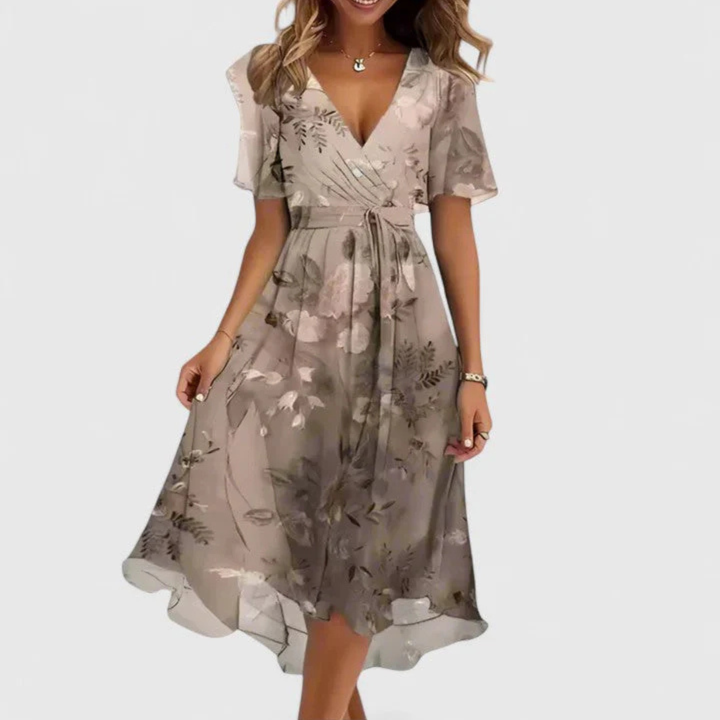 Women's Leandra floral V-neck midi dress with short sleeves and a flowing skirt.