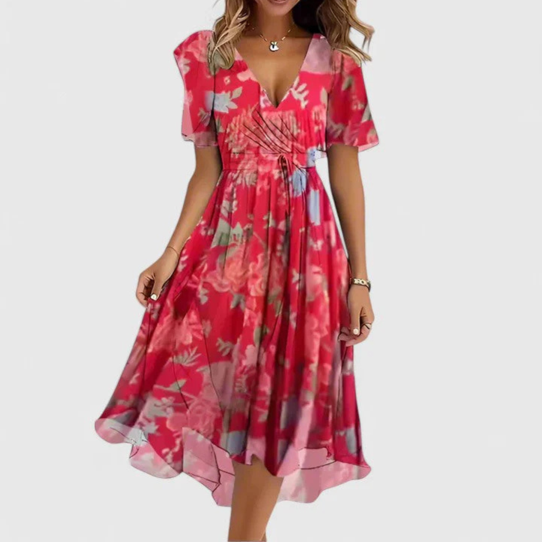 Women's red floral V-neck midi dress with short sleeves and a flowing skirt.