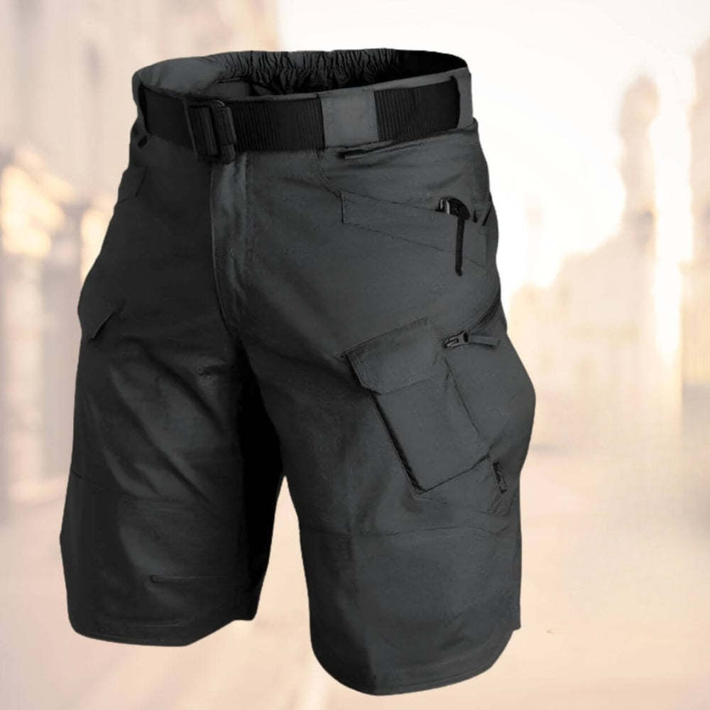 Men's black belted cargo shorts with side pockets and knee-length cut.