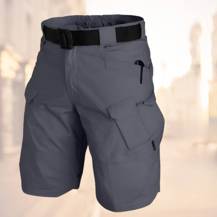 Men's Lenard slate gray belted cargo shorts with side pockets and knee-length cut.