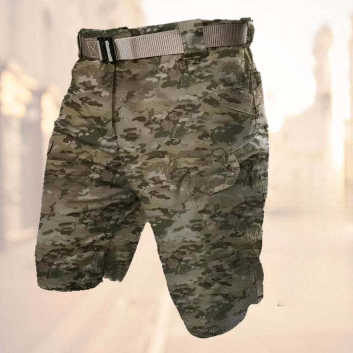 Men's Lenard belted cargo shorts in camouflage print, featuring side pockets and a knee-length cut.