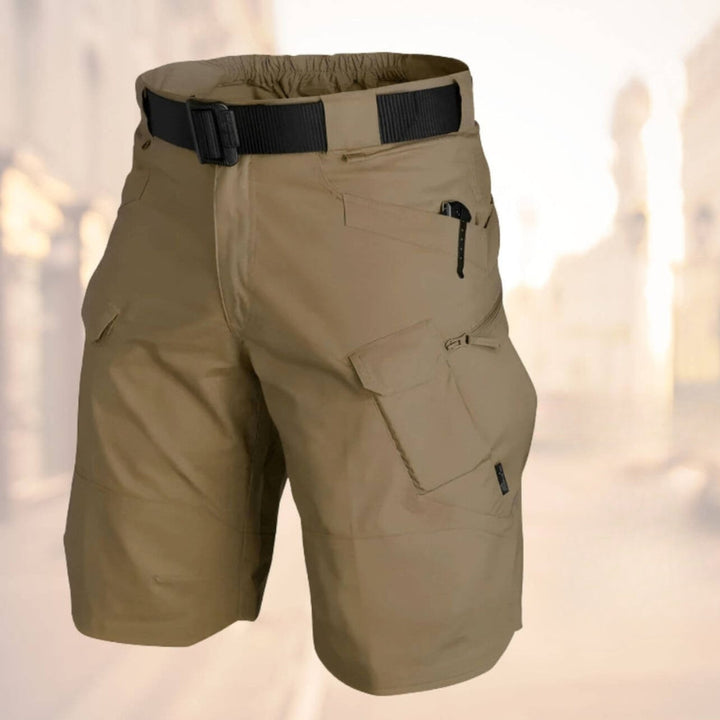 Men's Lenard belted khaki cargo shorts with side pockets and knee-length cut.