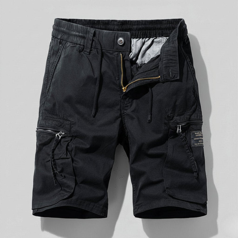 Men's black Leo elastic waist cargo shorts with drawstring, zip fly, and practical side pockets for utility style.