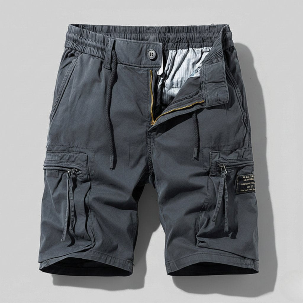 Leo men's charcoal elastic waist cargo shorts with drawstring, zip fly, and practical side pockets.