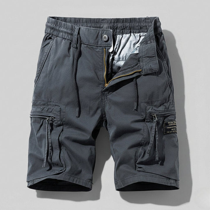 Leo men's charcoal elastic waist cargo shorts with drawstring, zip fly, and practical side pockets.