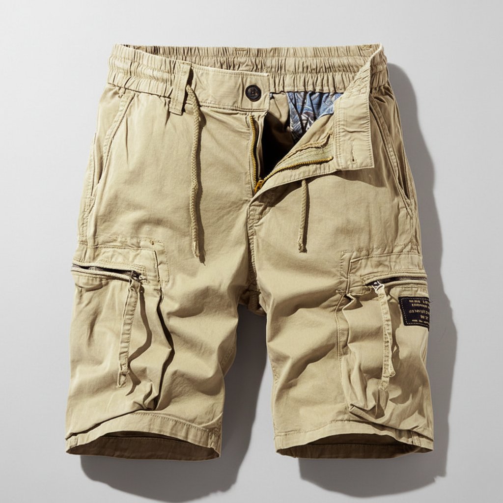 Leo men's tan elastic waist cargo shorts with drawstring, zip fly, and practical side pockets.